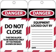 NMC - 3" High x 6" Long, DANGER - DO NOT CLOSE - THIS TAG & LOCK TO BE REMOVED ONLY BY THE PERSON SHOWN ON BACK, English Safety & Facility Lockout Tag - Tag Header: Danger, 2 Sides, Black, Red & White Synthetic Paper - USA Tool & Supply