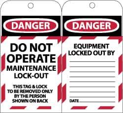 NMC - 3" High x 6" Long, DANGER - DO NOT OPERATE - MAINTENANCE LOCK OUT - THIS TAG & LOCK TO BE REMOVED ONLY BY THE PERSON SHOWN ON BACK, English Safety & Facility Lockout Tag - Tag Header: Danger, 2 Sides, Black, Red & White Synthetic Paper - USA Tool & Supply