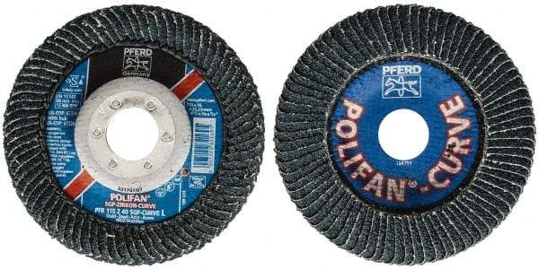 PFERD - 40 Grit, 4-1/2" Disc Diam, 7/8" Center Hole, Type 27 Zirconia Alumina Flap Disc - 13,300 Max RPM, Fiberglass Backing, Arbor Attaching System, Coated - USA Tool & Supply
