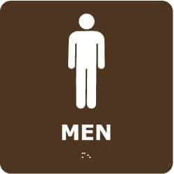 NMC - Men, 8" Wide x 8" High, Plastic Sign - English, Braille, White on Brown, Wall Mount - USA Tool & Supply