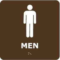 NMC - Men, 8" Wide x 8" High, Plastic Sign - English, Braille, White on Brown, Wall Mount - USA Tool & Supply