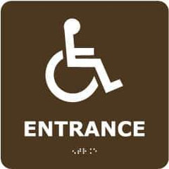 NMC - Entrance, 8" Wide x 8" High, Plastic Sign - English, Braille, White on Brown, Wall Mount - USA Tool & Supply