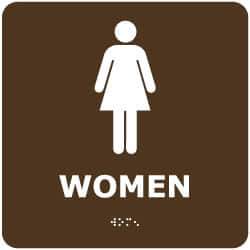 NMC - Women, 8" Wide x 8" High, Plastic Sign - English, Braille, White on Brown, Wall Mount - USA Tool & Supply