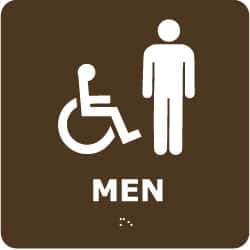 NMC - Men, 8" Wide x 8" High, Plastic Sign - English, Braille, White on Brown, Wall Mount - USA Tool & Supply