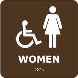 NMC - Women, 8" Wide x 8" High, Plastic Sign - English, Braille, White on Brown, Wall Mount - USA Tool & Supply