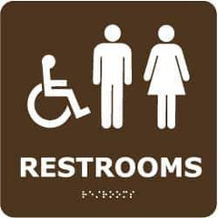 NMC - Restrooms, 8" Wide x 8" High, Plastic Sign - English, Braille, White on Brown, Wall Mount - USA Tool & Supply