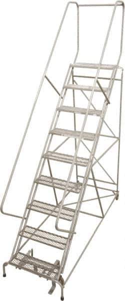Cotterman - 99" 9 Step Rolling Warehouse Ladder - 50° Incline, 450 Lb Capacity, 90" Platform Height, 32" Base Width x 120" Base Depth, Perforated Tread - USA Tool & Supply