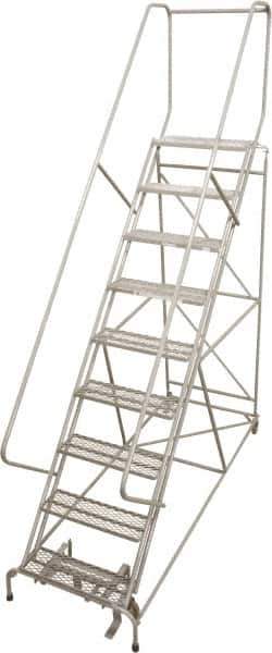 Cotterman - 87" 9 Step Rolling Warehouse Ladder - 50° Incline, 450 Lb Capacity, 90" Platform Height, 32" Base Width x 120" Base Depth, Perforated Tread - USA Tool & Supply