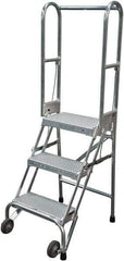 Cotterman - 60" 3 Step Rolling Warehouse Ladder - Portable Folding Safety Ladder, 350 Lb Capacity, 30" Platform Height, 21" Base Width x 28" Base Depth, Perforated Tread - USA Tool & Supply
