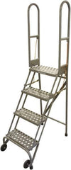 Cotterman - 70" 4 Step Rolling Warehouse Ladder - Portable Folding Safety Ladder, 350 Lb Capacity, 40" Platform Height, 21" Base Width x 36" Base Depth, Serrated Steel - USA Tool & Supply