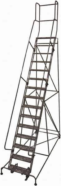 Cotterman - 192" 15 Step Rolling Warehouse Ladder - 50° Incline, 450 Lb Capacity, 150" Platform Height, 44" Base Width x 143" Base Depth, Perforated Tread - USA Tool & Supply