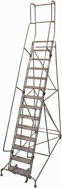 Cotterman - 182" 14 Step Rolling Warehouse Ladder - 50° Incline, 450 Lb Capacity, 140" Platform Height, 44" Base Width x 134" Base Depth, Perforated Tread - USA Tool & Supply