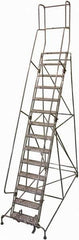 Cotterman - 182" 14 Step Rolling Warehouse Ladder - 50° Incline, 450 Lb Capacity, 140" Platform Height, 44" Base Width x 134" Base Depth, Perforated Tread - USA Tool & Supply