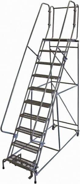 Cotterman - 130" 10 Step Rolling Warehouse Ladder - 50° Incline, 450 Lb Capacity, 100" Platform Height, 34" Base Width x 97" Base Depth, Perforated Tread - USA Tool & Supply