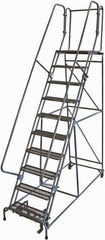 Cotterman - 130" 10 Step Rolling Warehouse Ladder - 50° Incline, 450 Lb Capacity, 100" Platform Height, 34" Base Width x 97" Base Depth, Perforated Tread - USA Tool & Supply