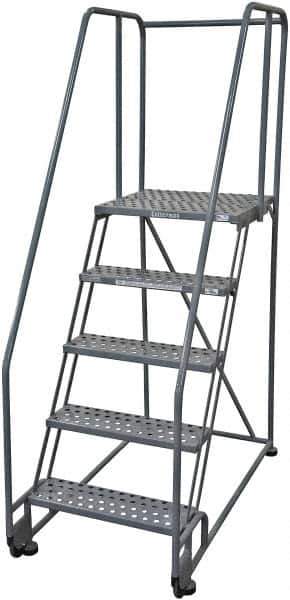 Cotterman - 80" 5 Step Rolling Warehouse Ladder - Tilt & Roll Safety Ladder, 450 Lb Capacity, 50" Platform Height, 28" Base Width x 53" Base Depth, Perforated Tread - USA Tool & Supply