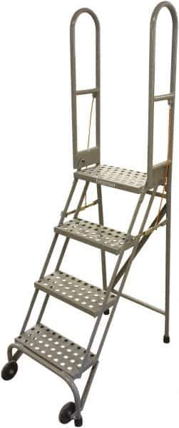 Cotterman - 70" 4 Step Rolling Warehouse Ladder - Portable Folding Safety Ladder, 350 Lb Capacity, 40" Platform Height, 21" Base Width x 36" Base Depth, Perforated Tread - USA Tool & Supply