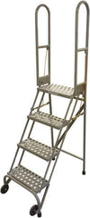 Cotterman - 70" 4 Step Rolling Warehouse Ladder - Portable Folding Safety Ladder, 350 Lb Capacity, 40" Platform Height, 21" Base Width x 36" Base Depth, Perforated Tread - USA Tool & Supply