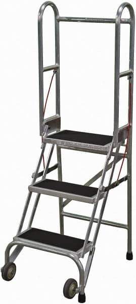 Cotterman - 60" 3 Step Rolling Warehouse Ladder - Portable Folding Safety Ladder, 350 Lb Capacity, 30" Platform Height, 21" Base Width x 28" Base Depth, Rubber Matted - USA Tool & Supply