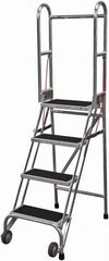 Cotterman - 70" 4 Step Rolling Warehouse Ladder - Portable Folding Safety Ladder, 350 Lb Capacity, 40" Platform Height, 21" Base Width x 36" Base Depth, Rubber Matted - USA Tool & Supply