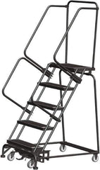 Ballymore - 83" 5 Step Rolling Warehouse Ladder - Lock Step Rolling Safety Ladder, 450 Lb Capacity, 50" Platform Height, 32" Base Width x 43" Base Depth, Perforated Tread - USA Tool & Supply