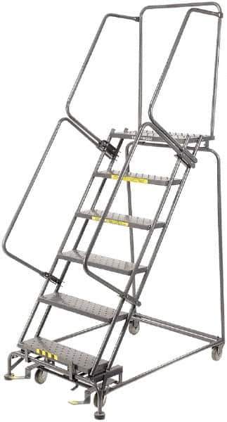 Ballymore - 93" 6 Step Rolling Warehouse Ladder - Lock Step Rolling Safety Ladder, 450 Lb Capacity, 60" Platform Height, 32" Base Width x 49" Base Depth, Perforated Tread - USA Tool & Supply