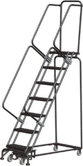 Ballymore - 103" 7 Step Rolling Warehouse Ladder - Lock Step Rolling Safety Ladder, 450 Lb Capacity, 70" Platform Height, 24" Base Width x 55" Base Depth, Perforated Tread - USA Tool & Supply