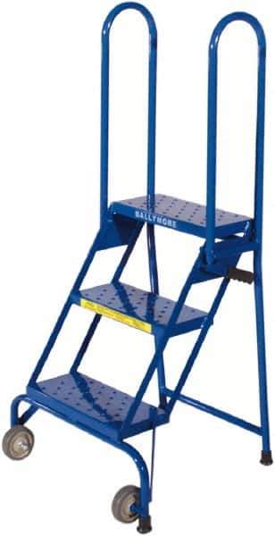 Ballymore - 51" 3 Step Rolling Warehouse Ladder - Lock-N-Stock, 300 Lb Capacity, 28-1/2" Platform Height, 24" Base Width x 23" Base Depth, Perforated Tread - USA Tool & Supply