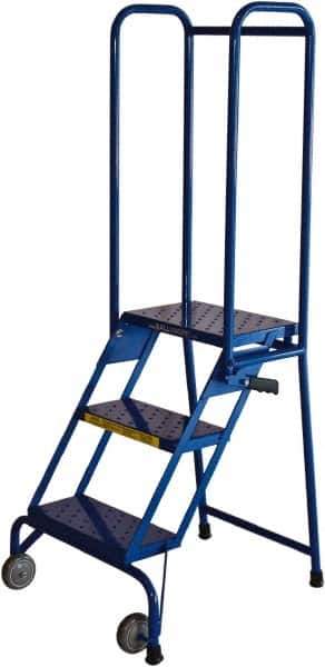 Ballymore - 59" 3 Step Rolling Warehouse Ladder - Lock-N-Stock, 300 Lb Capacity, 28-1/2" Platform Height, 24" Base Width x 26" Base Depth, Perforated Tread - USA Tool & Supply