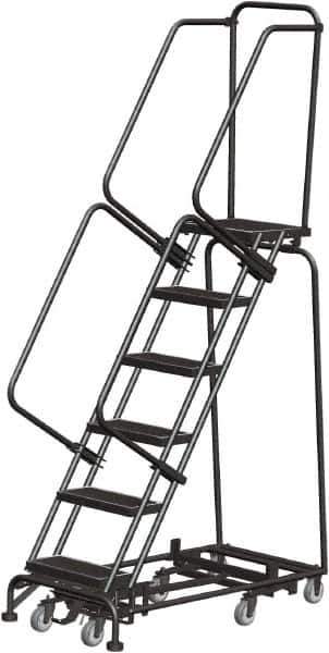 Ballymore - 93" 6 Step Rolling Warehouse Ladder - Lock Step Rolling Safety Ladder, 450 Lb Capacity, 60" Platform Height, 24" Base Width x 49" Base Depth, Perforated Tread - USA Tool & Supply