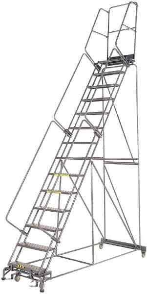 Ballymore - 195" 15 Step Rolling Warehouse Ladder - Lock Step Rolling Safety Ladder, 450 Lb Capacity, 150" Platform Height, 40" Base Width x 106" Base Depth, Perforated Tread - USA Tool & Supply