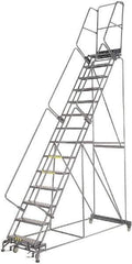 Ballymore - 195" 15 Step Rolling Warehouse Ladder - Lock Step Rolling Safety Ladder, 450 Lb Capacity, 150" Platform Height, 40" Base Width x 106" Base Depth, Perforated Tread - USA Tool & Supply
