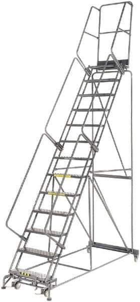 Ballymore - 175" 13 Step Rolling Warehouse Ladder - Lock Step Rolling Safety Ladder, 450 Lb Capacity, 130" Platform Height, 40" Base Width x 94" Base Depth, Perforated Tread - USA Tool & Supply