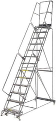 Ballymore - 175" 13 Step Rolling Warehouse Ladder - Lock Step Rolling Safety Ladder, 450 Lb Capacity, 130" Platform Height, 40" Base Width x 94" Base Depth, Perforated Tread - USA Tool & Supply