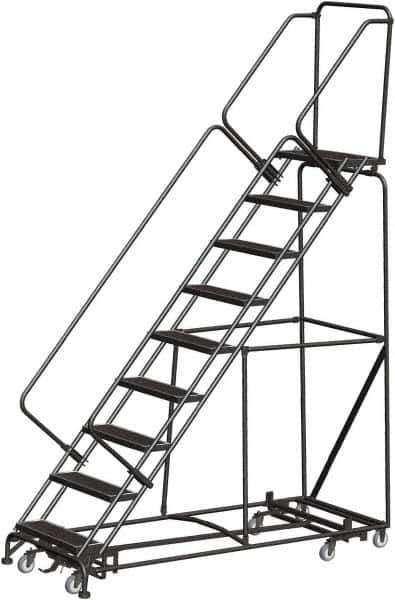 Ballymore - 123" 9 Step Rolling Warehouse Ladder - Lock Step Rolling Safety Ladder, 450 Lb Capacity, 90" Platform Height, 32" Base Width x 82" Base Depth, Perforated Tread - USA Tool & Supply