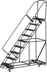 Ballymore - 123" 9 Step Rolling Warehouse Ladder - Lock Step Rolling Safety Ladder, 450 Lb Capacity, 90" Platform Height, 32" Base Width x 82" Base Depth, Perforated Tread - USA Tool & Supply