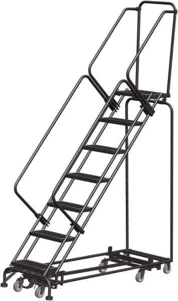 Ballymore - 103" 7 Step Rolling Warehouse Ladder - Lock Step Rolling Safety Ladder, 450 Lb Capacity, 70" Platform Height, 32" Base Width x 66" Base Depth, Perforated Tread - USA Tool & Supply