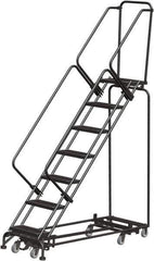 Ballymore - 103" 7 Step Rolling Warehouse Ladder - Lock Step Rolling Safety Ladder, 450 Lb Capacity, 70" Platform Height, 32" Base Width x 66" Base Depth, Perforated Tread - USA Tool & Supply