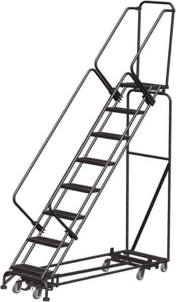 Ballymore - 113" 8 Step Rolling Warehouse Ladder - Lock Step Rolling Safety Ladder, 450 Lb Capacity, 80" Platform Height, 32" Base Width x 74" Base Depth, Perforated Tread - USA Tool & Supply