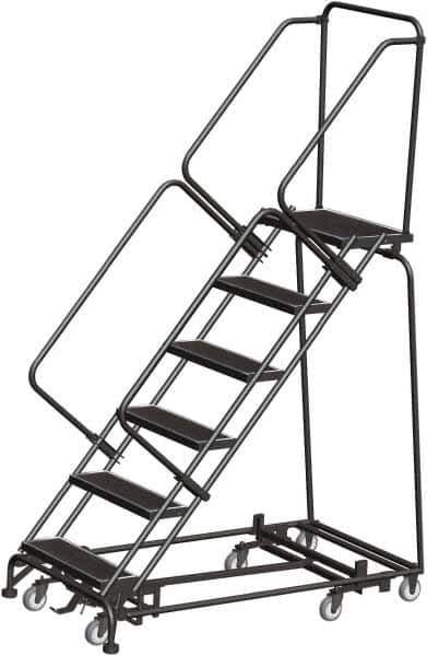 Ballymore - 93" 6 Step Rolling Warehouse Ladder - Lock Step Rolling Safety Ladder, 450 Lb Capacity, 60" Platform Height, 32" Base Width x 58" Base Depth, Perforated Tread - USA Tool & Supply