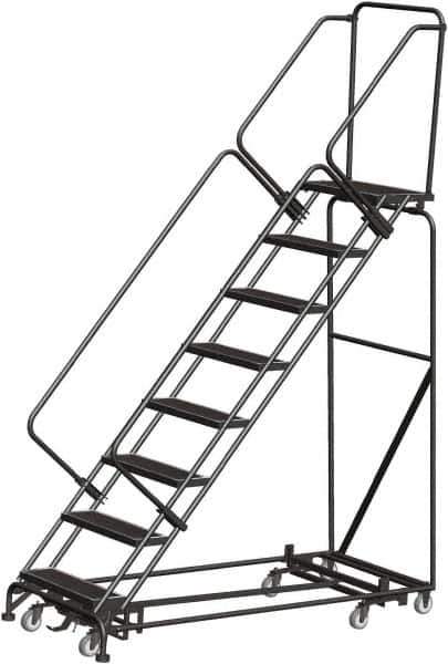 Ballymore - 113" 8 Step Rolling Warehouse Ladder - Lock Step Rolling Safety Ladder, 450 Lb Capacity, 80" Platform Height, 24" Base Width x 74" Base Depth, Perforated Tread - USA Tool & Supply