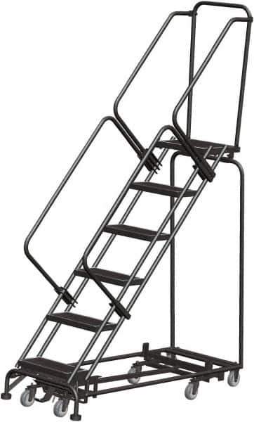 Ballymore - 93" 6 Step Rolling Warehouse Ladder - Lock Step Rolling Safety Ladder, 450 Lb Capacity, 60" Platform Height, 24" Base Width x 58" Base Depth, Perforated Tread - USA Tool & Supply