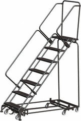 Ballymore - 103" 7 Step Rolling Warehouse Ladder - Lock Step Rolling Safety Ladder, 450 Lb Capacity, 70" Platform Height, 24" Base Width x 66" Base Depth, Perforated Tread - USA Tool & Supply