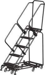Ballymore - 83" 5 Step Rolling Warehouse Ladder - Lock Step Rolling Safety Ladder, 450 Lb Capacity, 50" Platform Height, 24" Base Width x 50" Base Depth, Perforated Tread - USA Tool & Supply