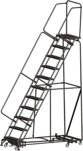 Ballymore - 143" 11 Step Rolling Warehouse Ladder - Lock Step Rolling Safety Ladder, 450 Lb Capacity, 110" Platform Height, 32" Base Width x 80" Base Depth, Perforated Tread - USA Tool & Supply