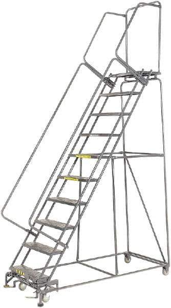 Ballymore - 133" 10 Step Rolling Warehouse Ladder - Lock Step Rolling Safety Ladder, 450 Lb Capacity, 100" Platform Height, 32" Base Width x 74" Base Depth, Perforated Tread - USA Tool & Supply