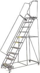 Ballymore - 133" 10 Step Rolling Warehouse Ladder - Lock Step Rolling Safety Ladder, 450 Lb Capacity, 100" Platform Height, 32" Base Width x 74" Base Depth, Perforated Tread - USA Tool & Supply