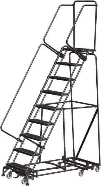 Ballymore - 123" 9 Step Rolling Warehouse Ladder - Lock Step Rolling Safety Ladder, 450 Lb Capacity, 90" Platform Height, 32" Base Width x 68" Base Depth, Perforated Tread - USA Tool & Supply