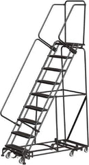 Ballymore - 123" 9 Step Rolling Warehouse Ladder - Lock Step Rolling Safety Ladder, 450 Lb Capacity, 90" Platform Height, 32" Base Width x 68" Base Depth, Perforated Tread - USA Tool & Supply