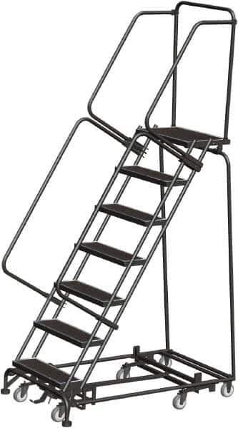 Ballymore - 103" 7 Step Rolling Warehouse Ladder - Lock Step Rolling Safety Ladder, 450 Lb Capacity, 70" Platform Height, 32" Base Width x 55" Base Depth, Perforated Tread - USA Tool & Supply
